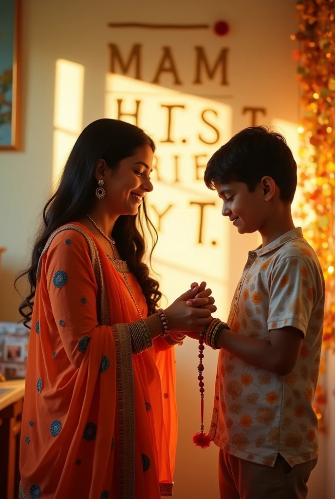 Older Sister is tying Rakhi X to her brother in front of a wall on which Harish Yt is written.