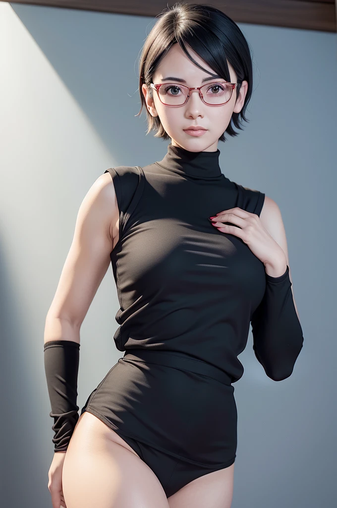 1girl, sarada uchiha in anime naruto, short hair, wearing miniskirt, black hair, red eyes, smile, beautiful, wearing tank top , wearing glasses red, very big breast, sexy clothes, realistic clothes, detail clothes, indoor background, ultra detail, realistic