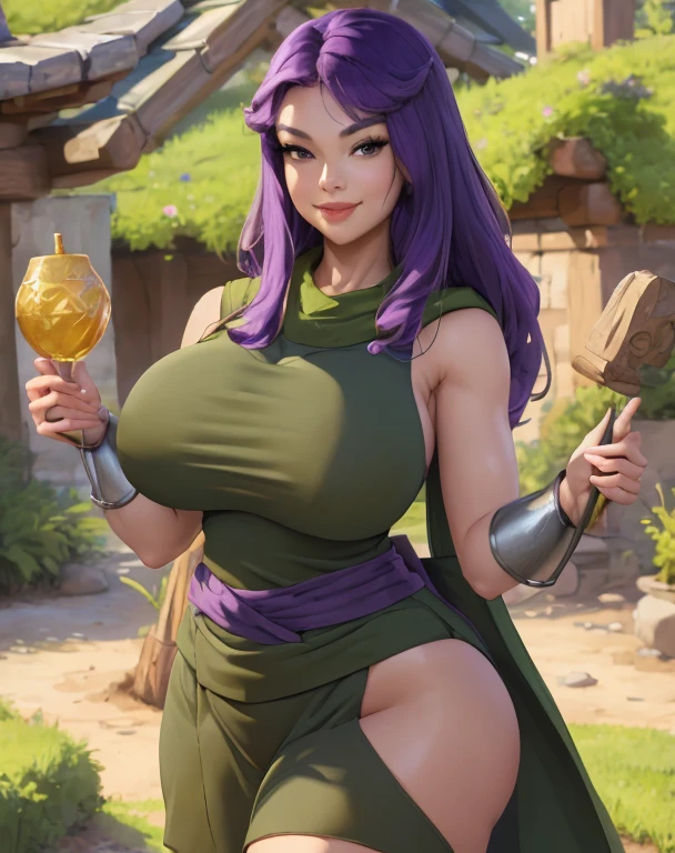 (best quality), (masterpiece), 1 girl, early 20's, huge heavy breasts, busty, perky breasts, thick, thick lips, wide hips, thin waist, archer queen, green outfit, purple waist sash, sleeveless, smug smile