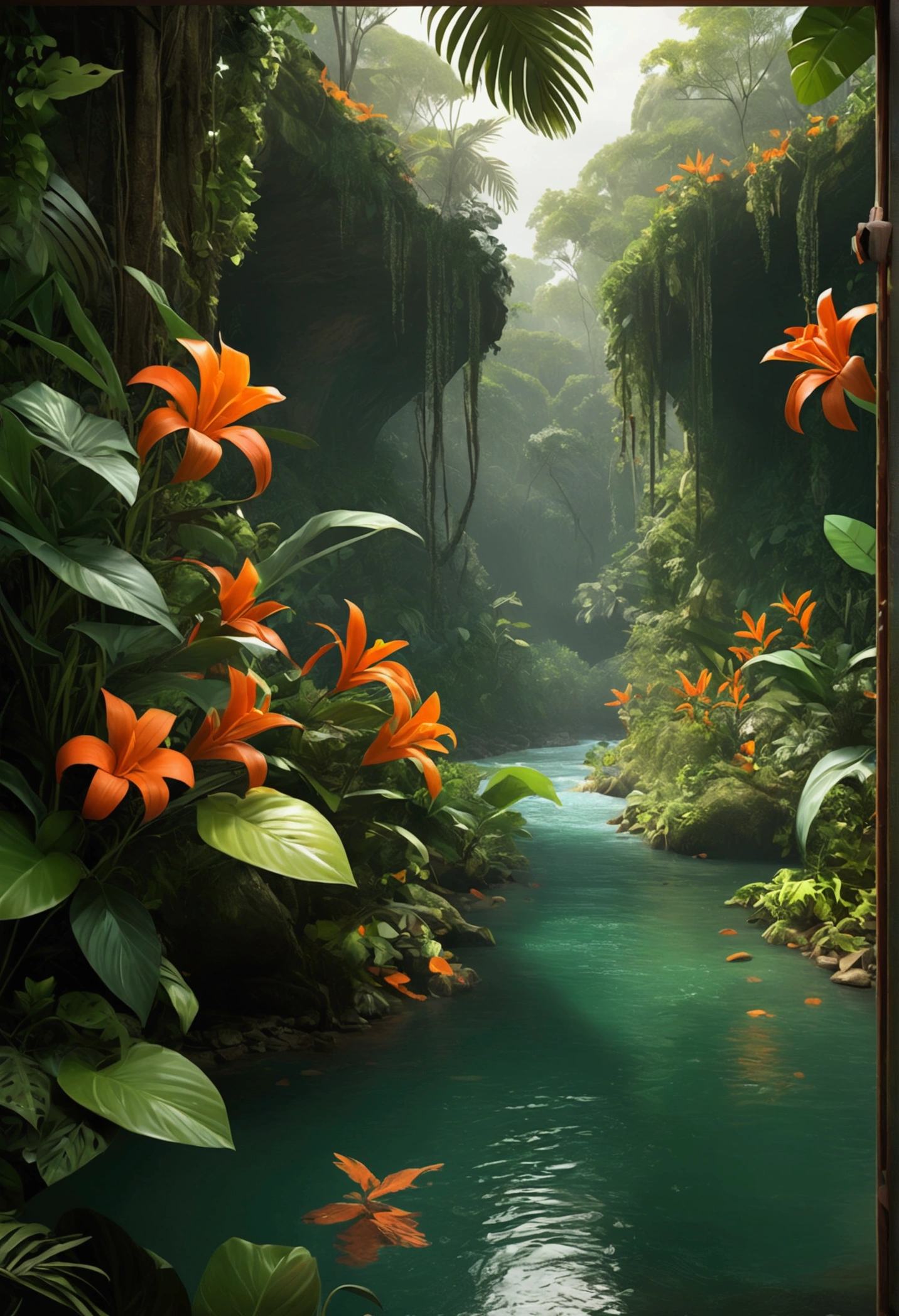 silvio santos, looking at a river, decorated in a mysterious jungle, dark orange and light emerald colors, isolated environment, images inspired by nature, foto da National Geographic, Unreal Engine 5, sensitivity to the natural world, full of flowers.