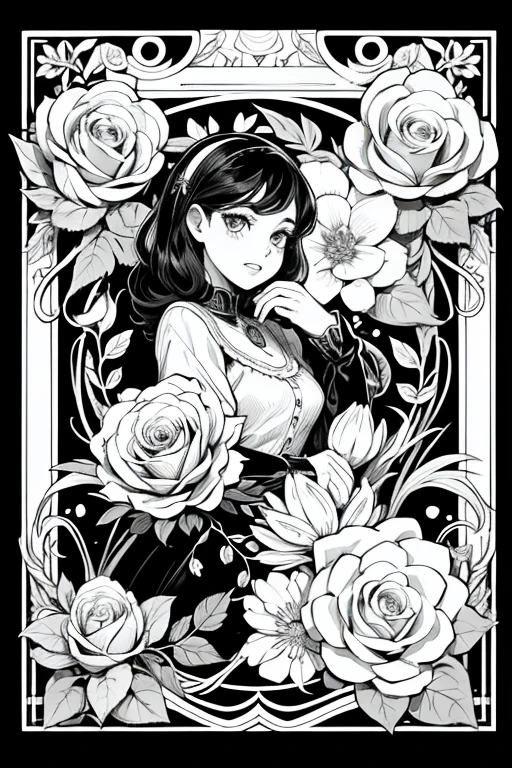 Coloring book for children, cartoon style, low detail, no shadows, black and white image, plants, flowers, patterns, ornament. roses