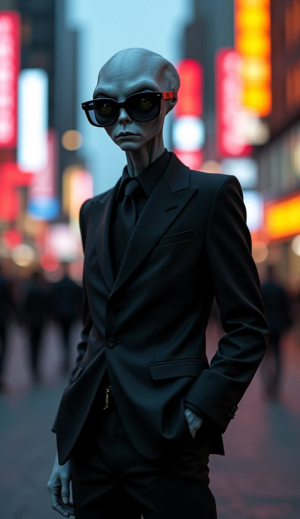 The alien is wearing a black suit and black-rimmed glasses.,Touching their own clothes pocket,Depth of Field,Street background,High-resolution details,masterpiece