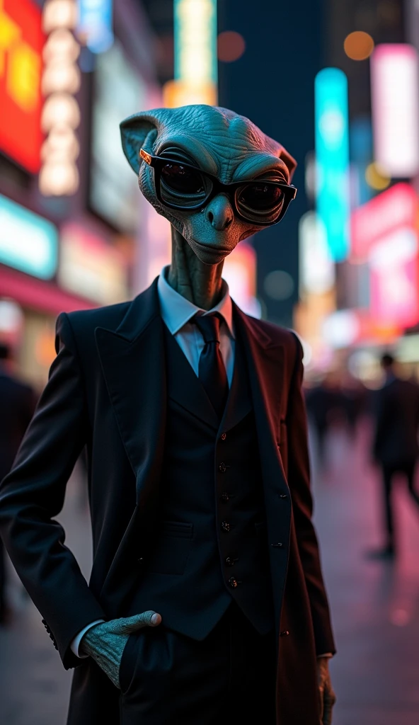 The alien is wearing a black suit and black-rimmed glasses.,Touching their own clothes pocket,Depth of Field,Street background,High-resolution details,masterpiece
