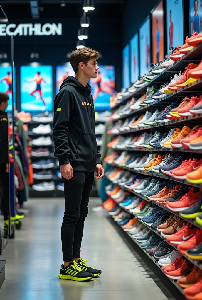 A person trying on some sneakers in a Decathlon store