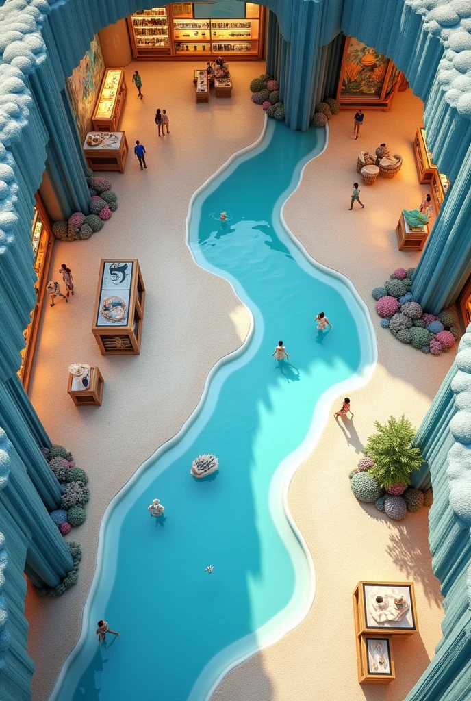3D top view floor plan of a large clothing store, This store has the ocean as inspiration, then put little ocean details, but without losing the essence of a shopping mall clothing store and taking people out