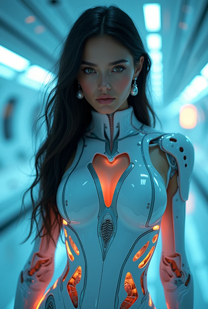 1 realistic girl,white goods, long hair, breasts big, ((Extraordinarily realistic details)), portraite, World-class lighting, ombre, octane rendering, 8f, ultra sharp, white metal,complicated, detailed jewellery, cool colors, highly complicated details, realistic light, trends at CGSociety, glare eyes, beautiful face, cleary see face, Double eyelids, Pose as a model, Face the camera., neon details, mechanical members, blood vessels connected to tubes, Wires and cables connected to the body, highy detailed, เทคโนโลยีจากfuture world, future world, alien tech, space ship, Advanced alien world, cutting edge technology
