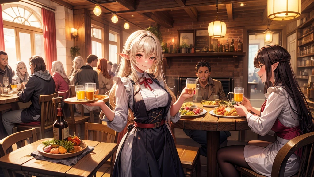 1girl,An illustrated scene set in a lively fantasy tavern at twilight. The focus is on a cheerful elf waitress, a young woman with long flowing hair and pointed ears, wearing a traditional tavern outfit. She is smiling warmly as she carries a large tray of mugs filled with beer, distributing them to a diverse group of patrons gathered around a round wooden table. The background shows a bustling tavern filled with various races, including humans, dwarves, and elves, all engaged in lively conversation. The setting is cozy, with a warm glow from lanterns and a large hearth, casting a soft, inviting light. The overall mood is vibrant yet warm, with a mix of soft browns, golds, and oranges to reflect the twilight hour.