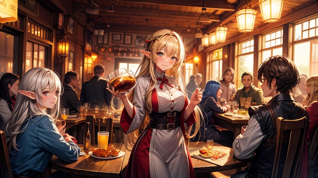 1girl,An illustrated scene set in a lively fantasy tavern at twilight. The focus is on a cheerful elf waitress, a young woman with long flowing hair and pointed ears, wearing a traditional tavern outfit. She is smiling warmly as she carries a large tray of mugs filled with beer, distributing them to a diverse group of patrons gathered around a round wooden table. The background shows a bustling tavern filled with various races, including humans, dwarves, and elves, all engaged in lively conversation. The setting is cozy, with a warm glow from lanterns and a large hearth, casting a soft, inviting light. The overall mood is vibrant yet warm, with a mix of soft browns, golds, and oranges to reflect the twilight hour.