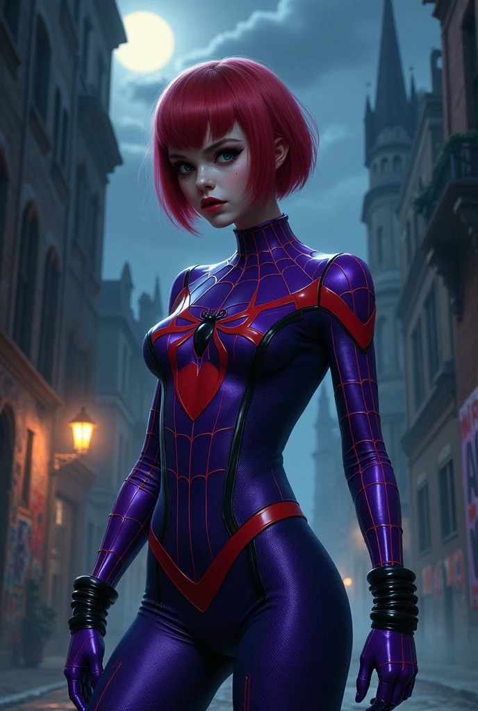 Gothic girl with short red hair,with purple spiderman outfit 