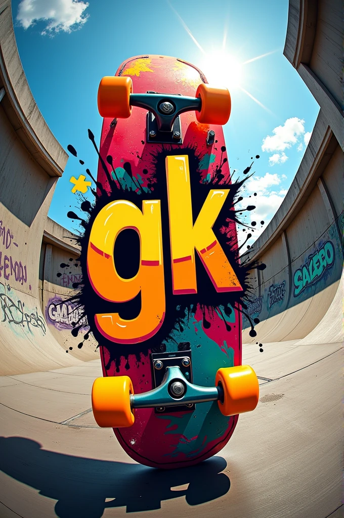 Skateboard logo with a fisheye filter and the text 'gk' 