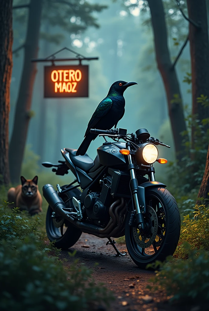 Black-bellied Grackle, riding a Yamaha FZ motorcycle, with a dark forest landscape, a puma in a tree and a burning sign with the name: Otero Maoz.
