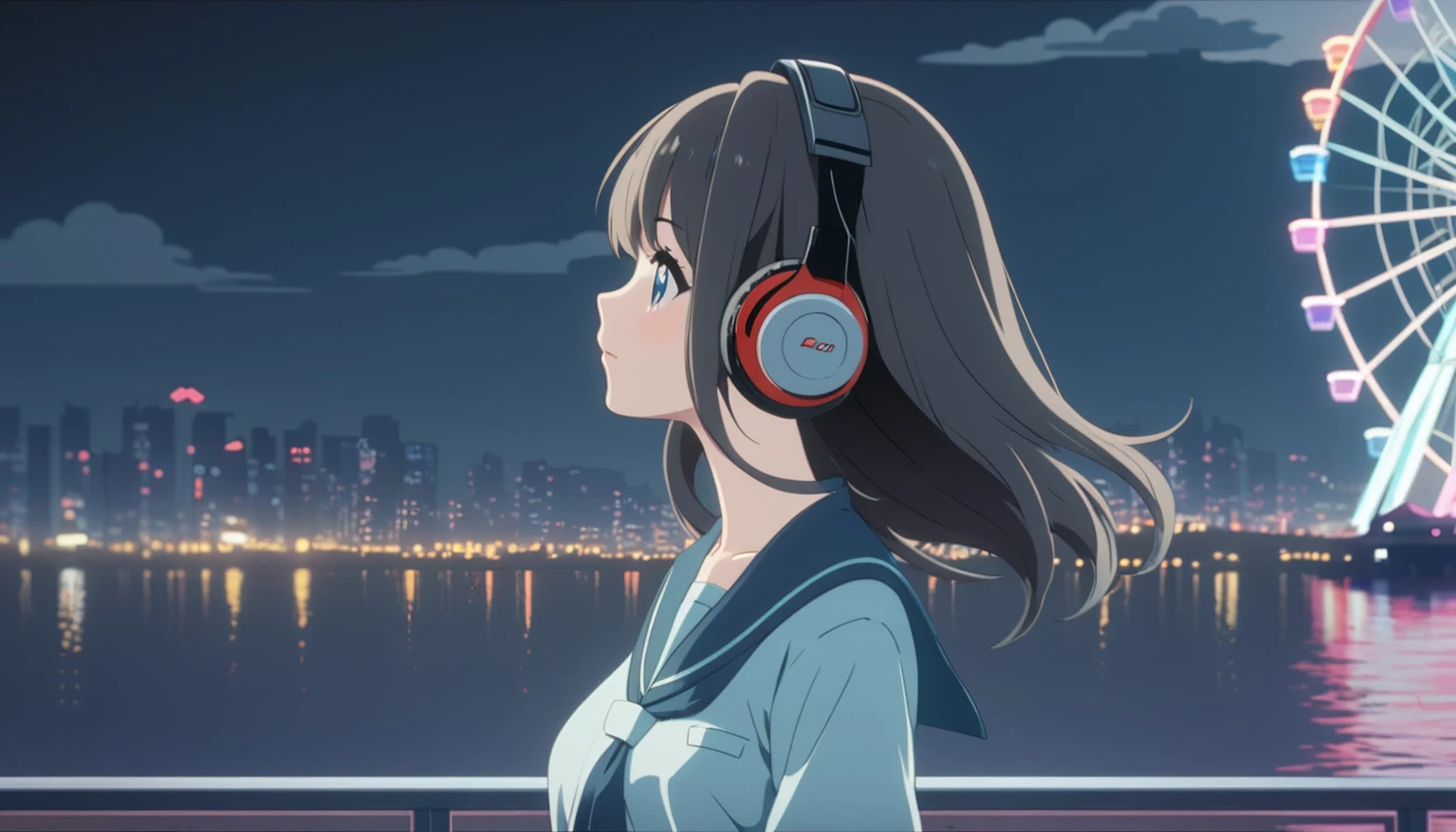 A woman standing in front of a Ferris wheel with headphones on., Nightcore, LOFI Girl, Anime Style 4k, Anime atmosphere, Lo-fi art style, anime wallpaper 4k, anime wallpaper 4k, Cute anime visuals, 4k anime wallpaper, Anime Background, Anime Aesthetics, Makoto Shinkai style, anime art wallpaper 4k、school uniform、Japanese