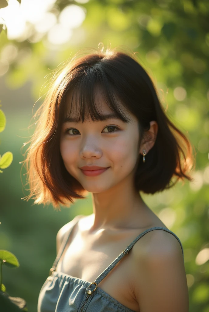 Highest quality, figure, Very detailed, In detail, High resolution, 8k wallpaper, Perfect dynamic composition, Beautiful attention to detail, Face Focus, Soft Light,ladies' fashion ,Short Bob Hair,Natural color lip, ,smile,Outdoor、18-year-old girl、cute、looking at the camera