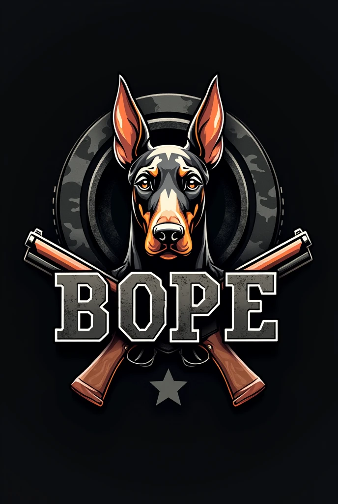 A logo of the BOPE police force with a Doberman head, black camouflage background, the word BOPE, and two pistols