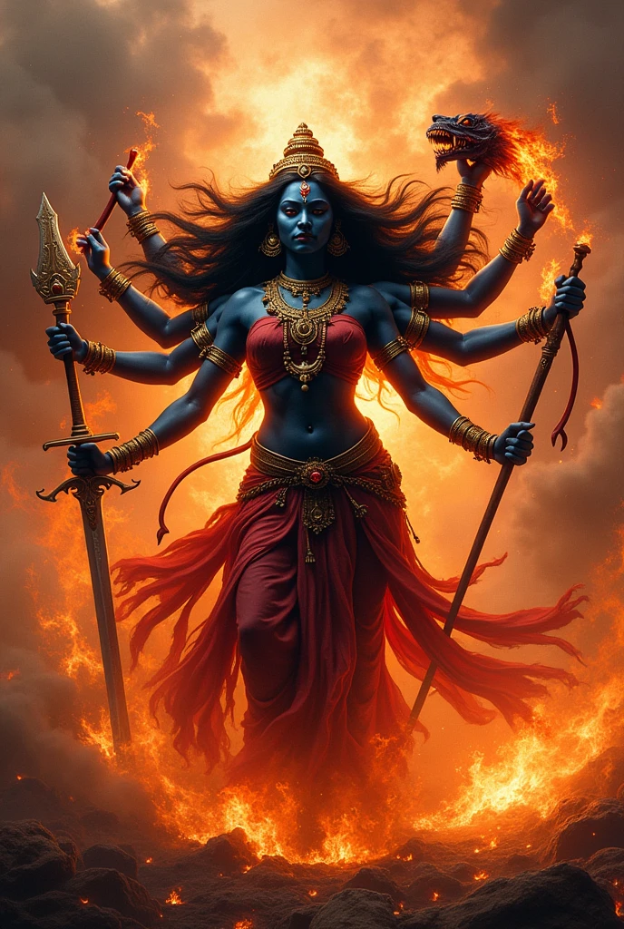 Kali Mata, who has a very long tongue, has many hands, one hand holding a sword and the other holding the head of a demon, and there is fire all around her. 
