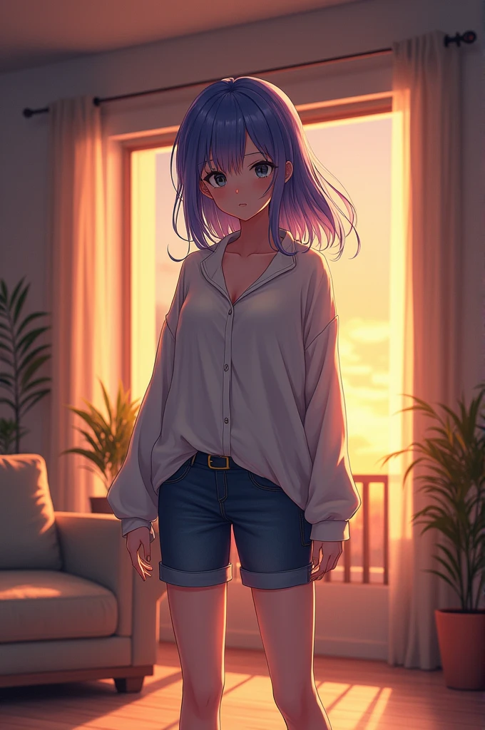 A 23 year old anime girl with small boobs and a small butt, wearing a huge oversized shirt and short shorts. Standing and facing straight ahead in a modern house during the sunset, black eyes and a bluish purple hair