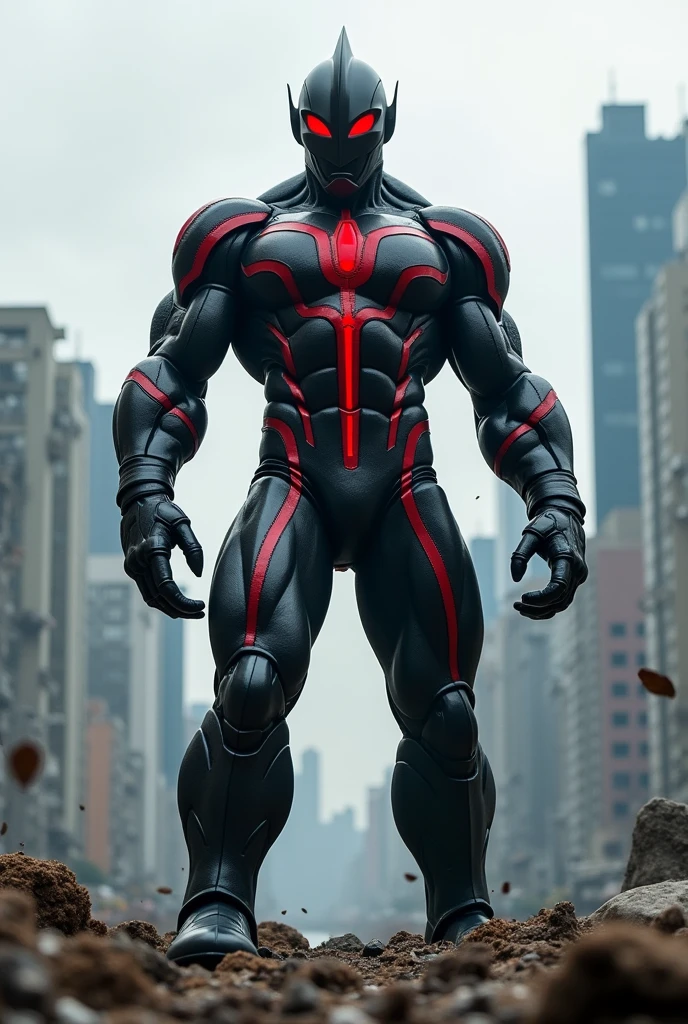 Ultraman、Black and red color scheme、Black as the base with a thick red line on the body、whole body muscular、Macho、Big man、tall、A body like a gorilla、A menacing face、Face sharp、Red eyes、Tree Eyes、Very narrow eyes、Black Mask、charisma、Magnificent claws、A hard, strong body、A sturdy body with an armor-like texture、armor、A color timer on the chest、A small red color timer、Destroy the city、RAW Photos