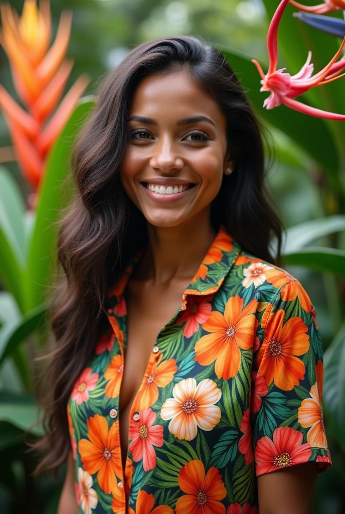 A Brazilian woman in a lush tropical garden, wearing an open shirt with a floral print, with a close-up capturing the harmonious beauty between her breasts and the natural flowers, showing off your natural charm and outgoing personality.