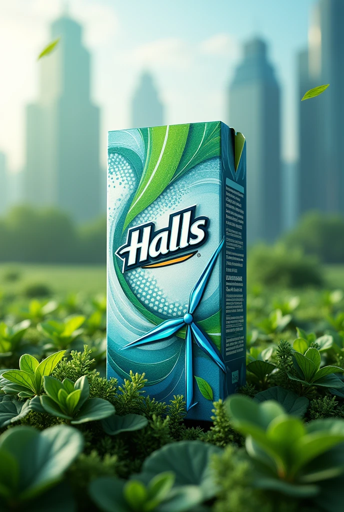 Make an image of a Halls packaging that reflects technological innovation but is environmentally friendly, without using environmental colors just eco-friendly, but use brand colors 