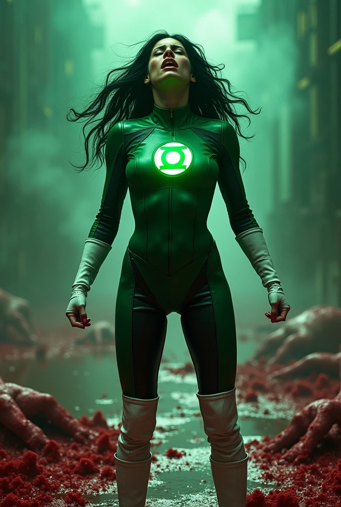 A beautiful fair-skinned woman Jessica Cruz under the mantle of Green Lantern, wearing a green leather jumpsuit with a fluorescent Green Lantern emblem, brown thick straps over her torso, white knee-high boots and gloves, shouting exhausted after a battle, blood around her, reflection of her in her blood, disturbing and bloody images, Green Lantern fleur-de-lis, long black hair, blood on her hands, a lot of blood on the floor, sensual outfit, underwater images. 
