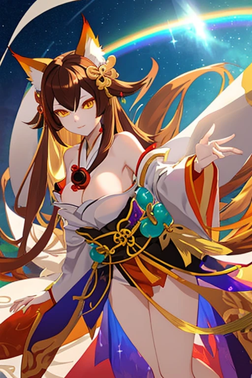 Onmyoji  Tempting Woman  Fox Tail  Fox Ears  Brown Hair  Yellow Eyes  Scanty Clothing  Low Angle  Full Bust  Rainbow Aura  Lots of Sparkle