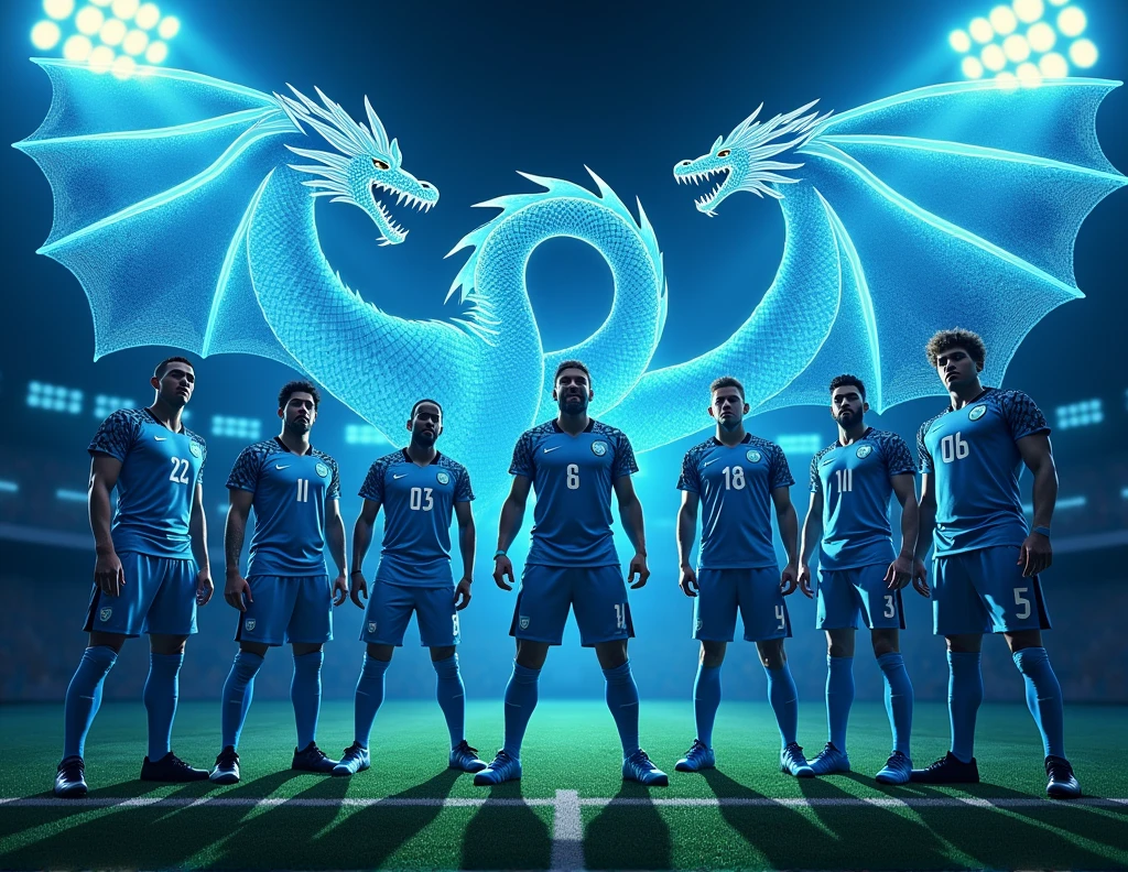 I want you to make a template to show the starting lineup of my football team. It should have some black in the light blue and some dragons.