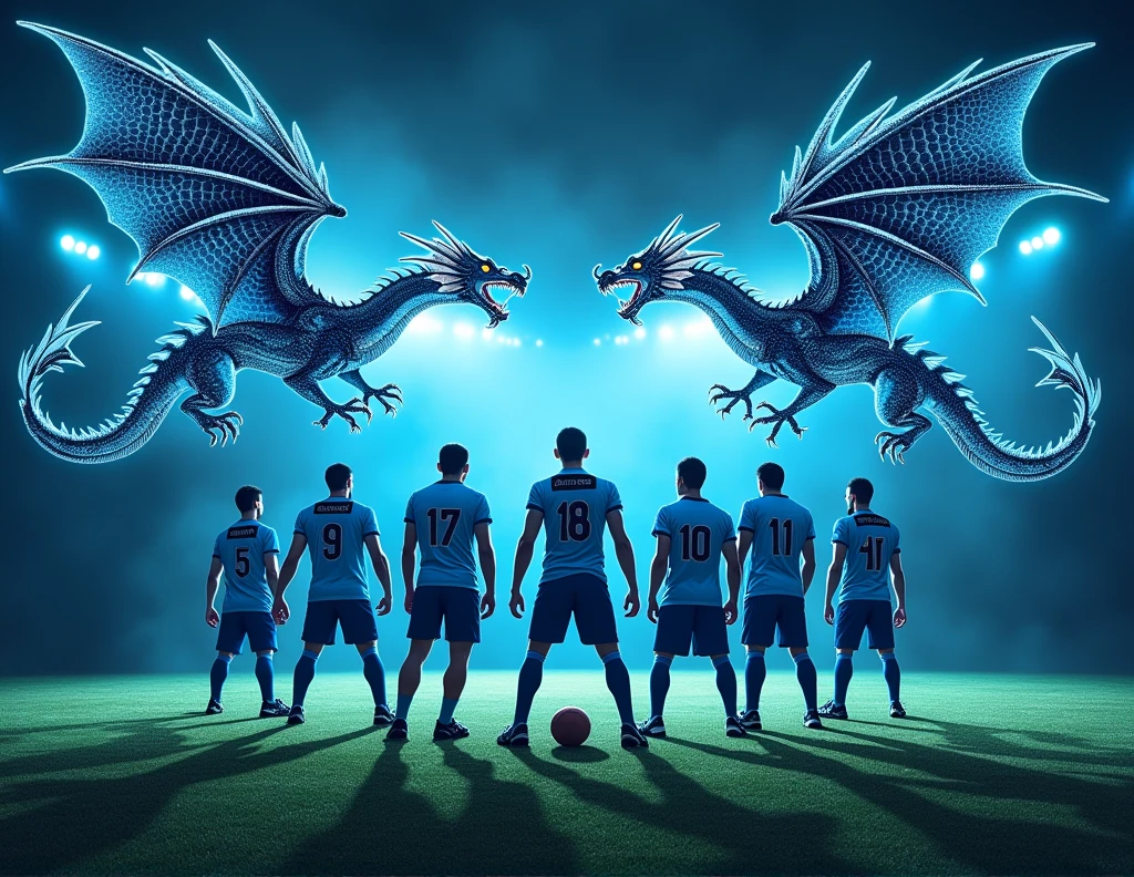I want you to make a template to show the starting lineup of my football team. It should have some black in the light blue and some dragons.