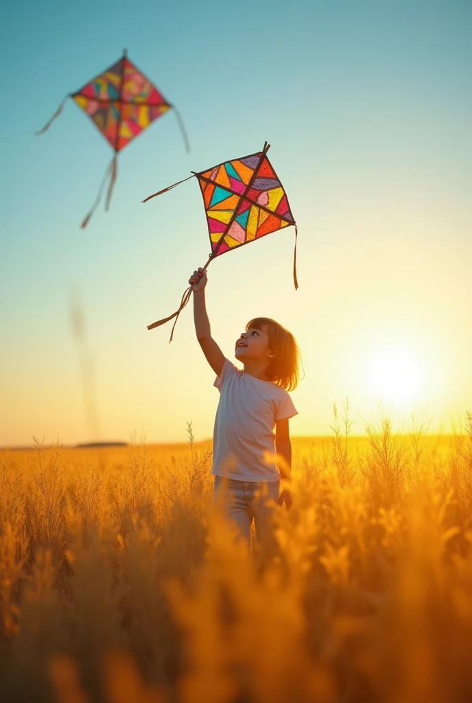 Create an image depicting a young child standing confidently in an open field, holding a simple, handmade kite. The child looks up at the kite soaring high in the sky, symbolizing a dream achieved against all odds. The kite, though made from humble materials like patchwork paper and wooden sticks, flies higher than any other kites in the scene. Surrounding the child are vast, golden fields under a clear blue sky, with the warm glow of the setting sun casting a hopeful, inspiring light. The image should evoke feelings of determination, belief, and the triumph of big dreams over limited resources."