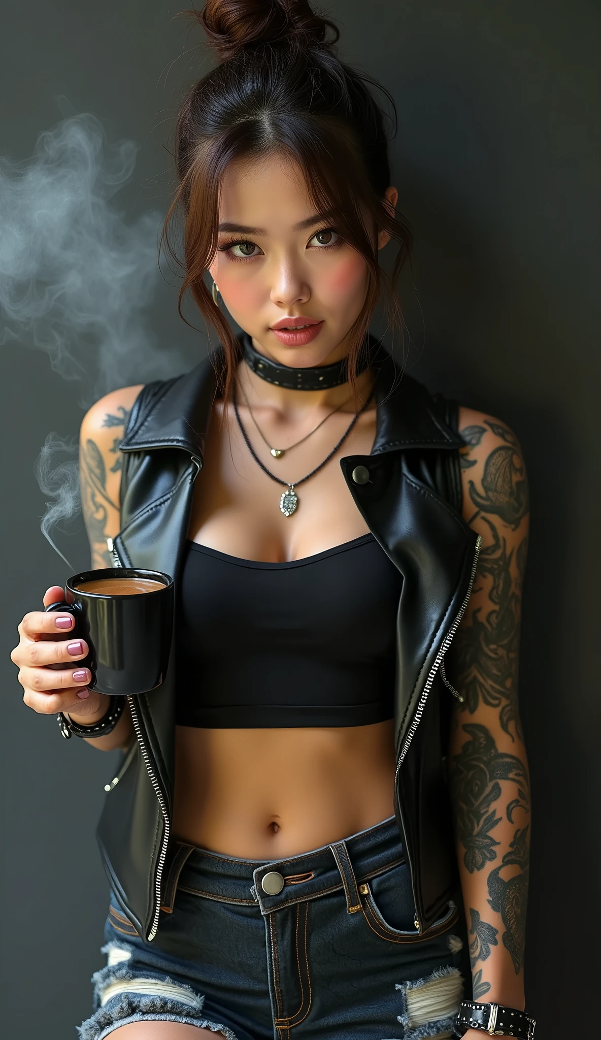 Super close up of cute tanned japanese woman, amorous and lewd face, bun brown hair, forehead, make-up, grey eyes, superlative body proportion, covered in tattoos, wearing open riders black leather vest, black tank top ((tucked in the skirt)), mini ripped jeans skirt, round and firmed boobs, she looked flirtatiously at the camera and she holds a cigarette on her fingers and a mug of coffee, mug is black, void black and smoke background, artistic photography, hyper realistic, graphic CG digital art