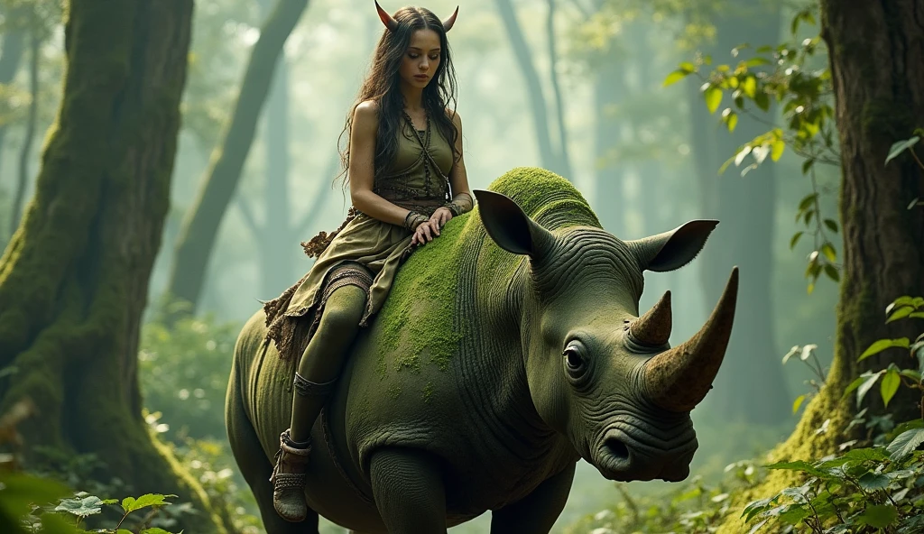 Elf woman riding Japanese rhinoceros, 20s, moss growing on skin, disgusting, dirty