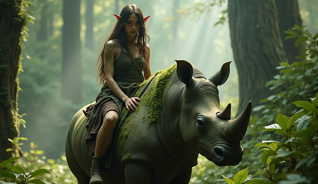 Elf woman riding Japanese rhinoceros, 20s, moss growing on skin, disgusting, dirty