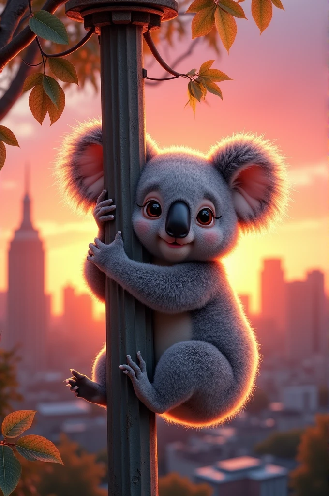 Koala hugging a light post