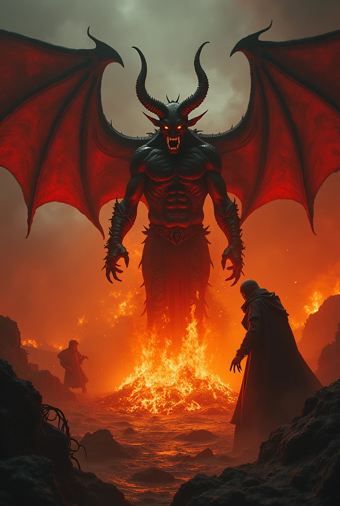 An ultrarealistic depiction of this verse from Apocalypse of St. John the Apostle: "And the devil, who deceived them, was thrown into the lake of burning sulfur, where the beast and the false prophet had been thrown. They will be tormented day and night for ever and ever." The devil, the beast and the false prophet are screaming in pain and endless agony while they burn in the lake of fire. Masterpiece, award winner, perfect art.