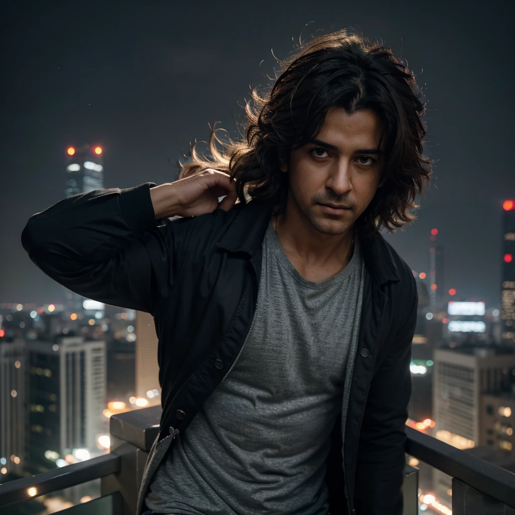 Create a cinematic close-up of a character resembling Hrithik Roshan as Kabir, standing on the edge of a skyscraper. He is looking down at a sprawling city below, which is partially lit by the glow of streetlights in the early morning or late evening. His expression is intense, with eyes filled with determination and focus. The wind lightly ruffles his hair and clothes. The background should show a cityscape with tall buildings, some lights on, and a hint of a smoky horizon in the distance. The scene should be dramatic, with a mix of cool and warm tones, highlighting the gravity of the moment.