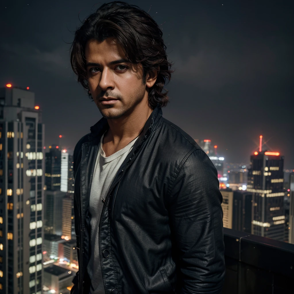 Create a cinematic close-up of a character resembling Hrithik Roshan as Kabir, standing on the edge of a skyscraper. He is looking down at a sprawling city below, which is partially lit by the glow of streetlights in the early morning or late evening. His expression is intense, with eyes filled with determination and focus. The wind lightly ruffles his hair and clothes. The background should show a cityscape with tall buildings, some lights on, and a hint of a smoky horizon in the distance. The scene should be dramatic, with a mix of cool and warm tones, highlighting the gravity of the moment.