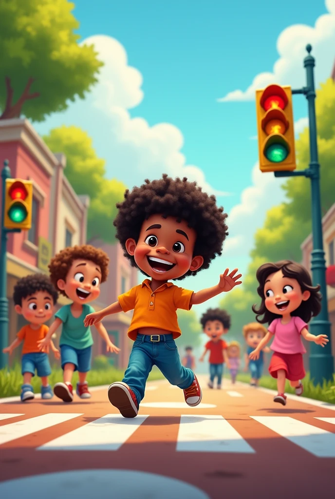 In cartoons a child Mateo with black skin.playing with other children respecting traffic lights 