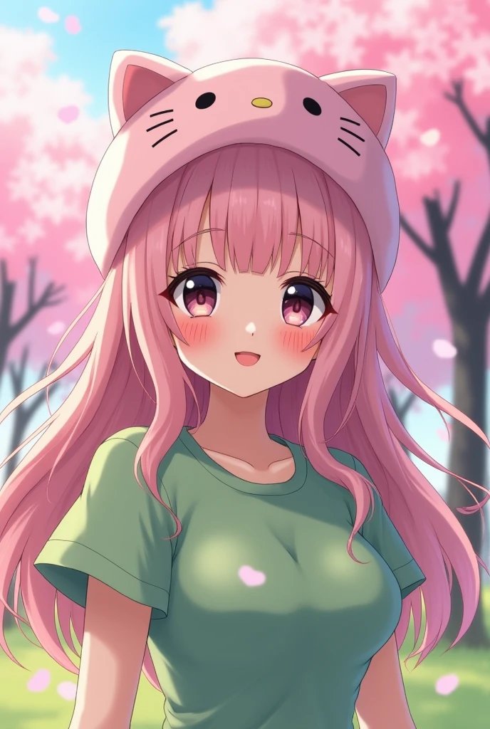 Anime girl with light pink hair, large breasts, wearing a green shirt, slim and beautiful with black eyes, a light pink Hello Kitty hat, cute.