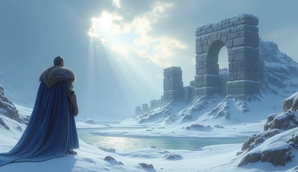 Snowy scene,Prometheus Ruins,Beautiful painting style,8k,Sunlight,Cool colors,Norse mythology