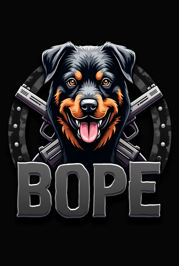A logo of the BOPE police force with a Hottweiler head, black camouflage background, the word BOPE, and two pistols