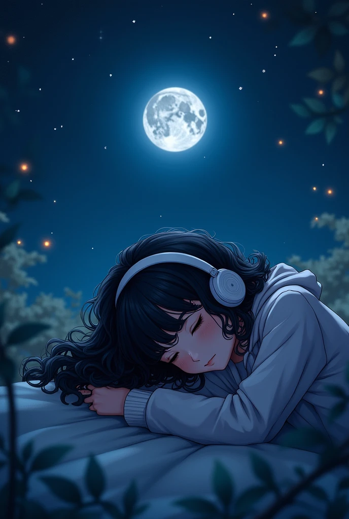 Please generate a girl with curly black hair sleeping under the moonlight. The whars a hoody and listening to music on her head phone. It was on a fine night