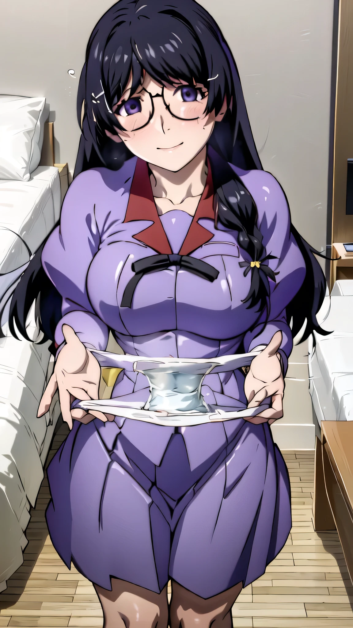 Official Ah,((masterpiece)),(Beautiful and detailed drawing),Tsubasa Hanekawa,(Glamorous Body),Black Hair,Glasses,Purple Eyes,blush,Embarrassed expression,smile,school uniform,(Can you spread your black panties here?),Can you give me your panties?,((pouring)),((胸にpouring)),Bedroom