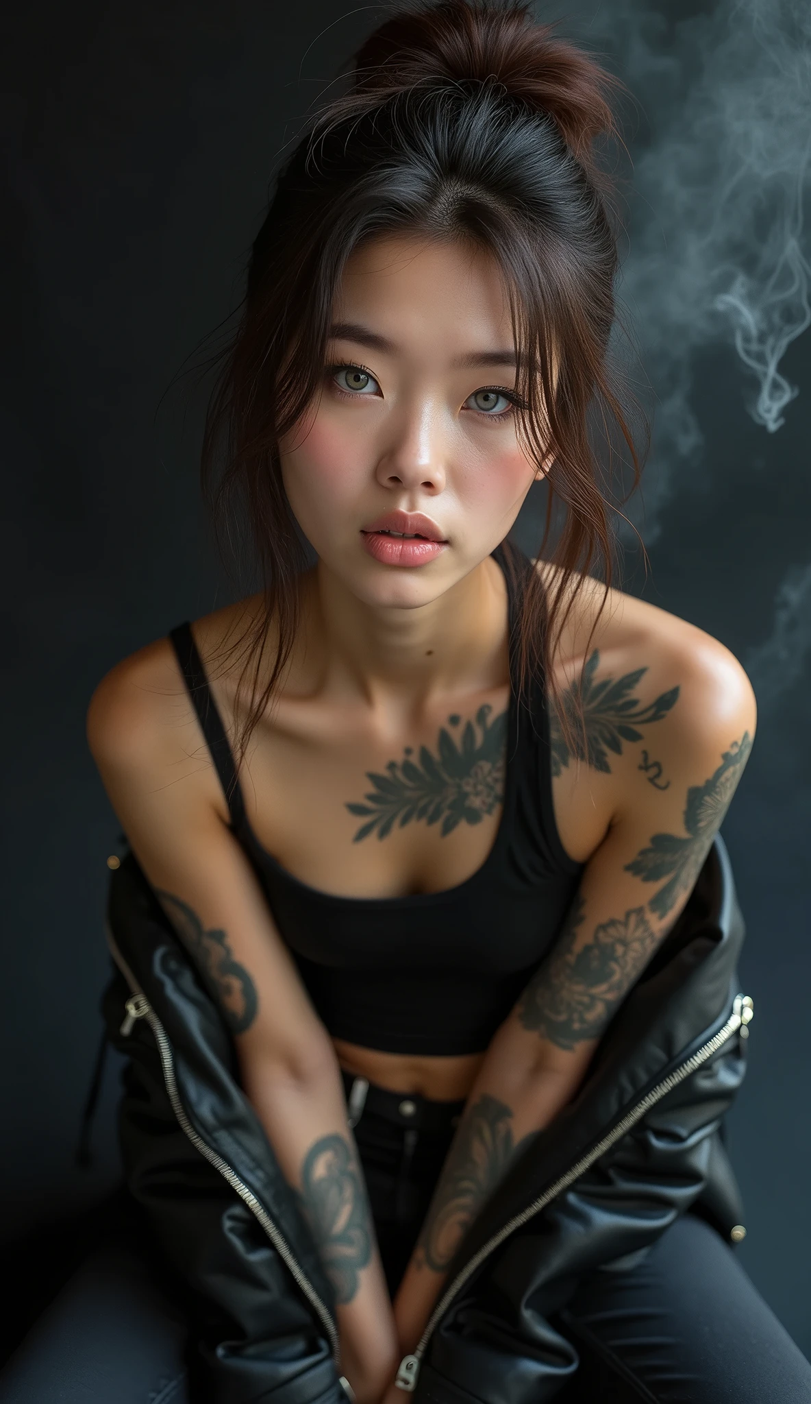Super close up of cute tanned japanese woman, amorous and lewd face, bun brown hair, forehead, make-up, grey eyes, superlative body proportion, covered in tattoos, wearing open riders leather jacket, black tank top, she looked flirtatiously at the camera and biting her lips, void black and smoke background, artistic photography, hyper realistic, graphic CG digital art