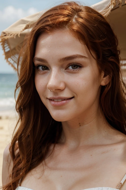 A beautiful young woman with a perfect figure, slender, (wavy red hair), highly detailed facial texture and skin, detailed brown eyes, realistic face, double eyelids, smiling, at the beach, best quality, 8K, masterpiece, sharp focus