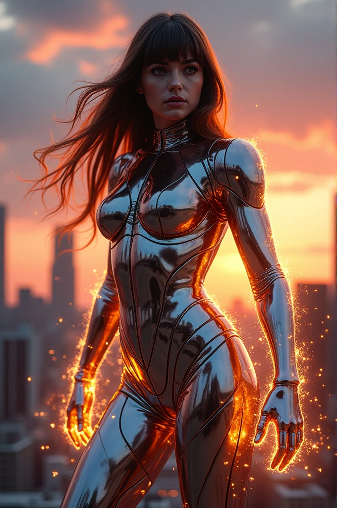 Create a realistic image of a young woman. She is approximately 25 years old, has long hair and bangs. In this image she is using her powers, which are exactly the same as Colossus from X-Men. Her skin is completely covered in metal.