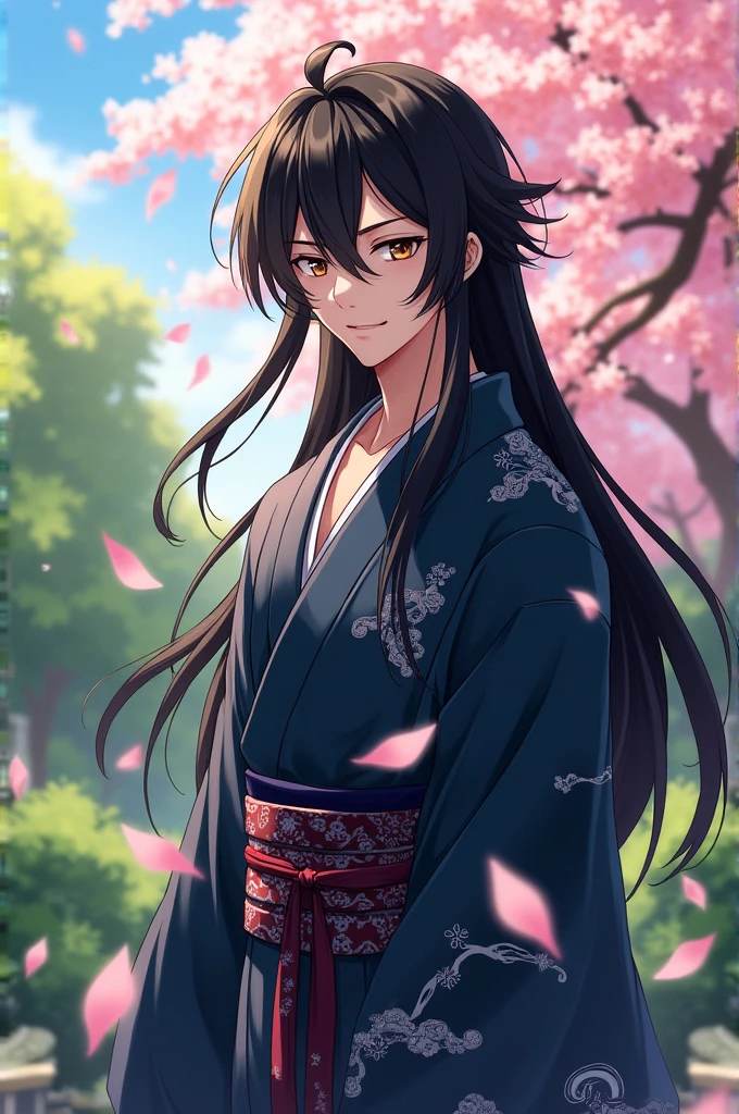  Tall handsome Japanese anime boy with long black hair wearing Japanese dress.