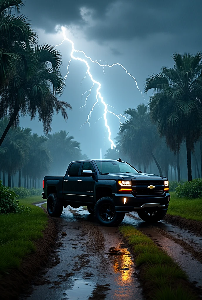 Pick up Chevrolet Silverado on a dirt road between plantations during a very strong and very dark storm with lightning , without humans appearing.