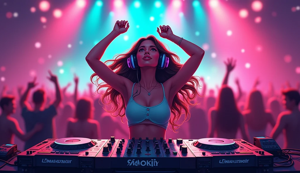 a beautiful sexy DJ woman with headphones on, looking up and with her arms up, behind a mixing desk, loving the sound you're hearing, edm music, illustration, artistic