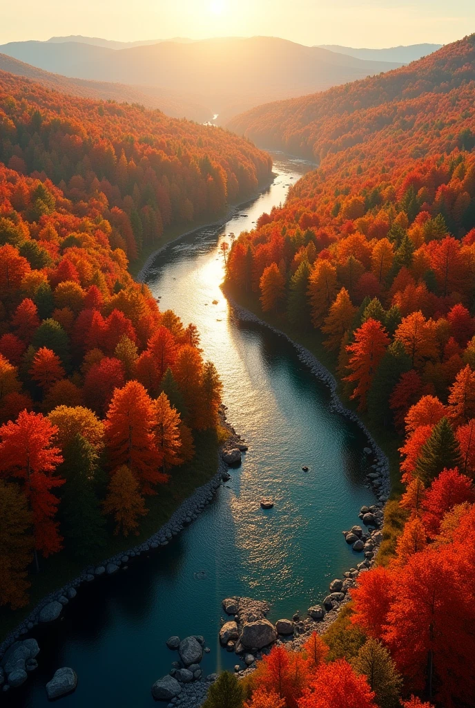 An aerial view of a dense forest in the peak of autumn, with trees displaying vibrant colors of red, orange, and yellow. A winding river flows through the landscape, its clear waters reflecting the vivid colors of the surrounding foliage. The rich tapestry of fall leaves stretches as far as the eye can see, creating a breathtaking mosaic of warm hues. The landscape is bathed in soft, golden sunlight, enhancing the vibrant colors of the leaves and the serene beauty of the river. The scene captures the essence of autumn, with the natural beauty of the forest and the gently flowing river creating a mesmerizing and colorful panorama.4k