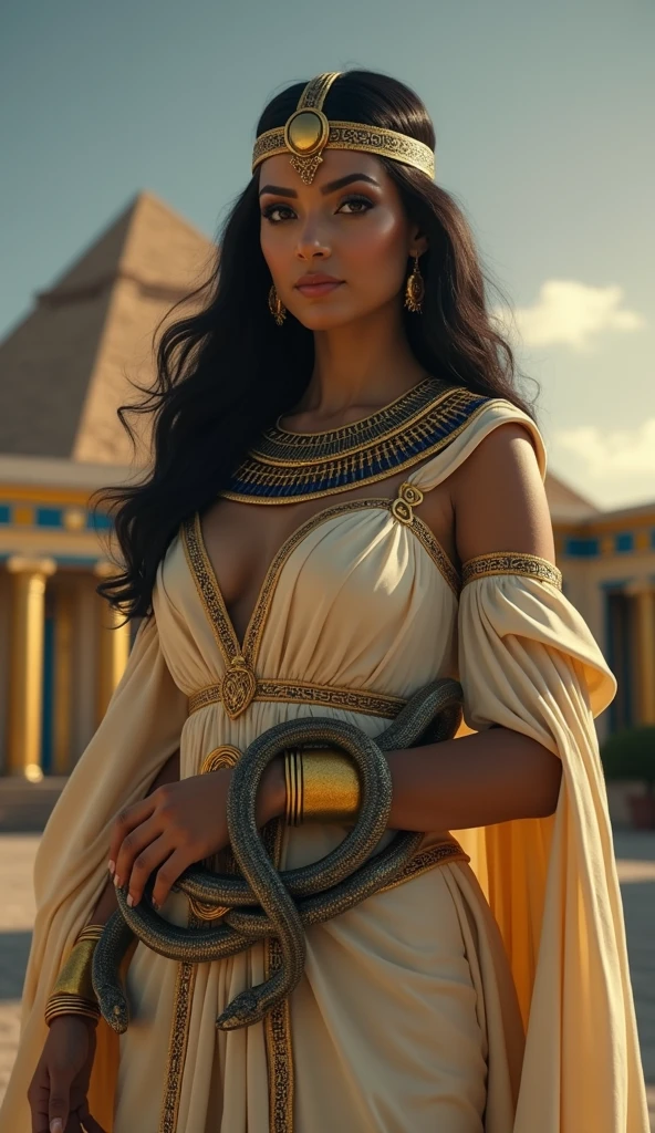 Cleopatra in full body wearing the nemes headpiece. empowered, beautiful and sensual and with a snake