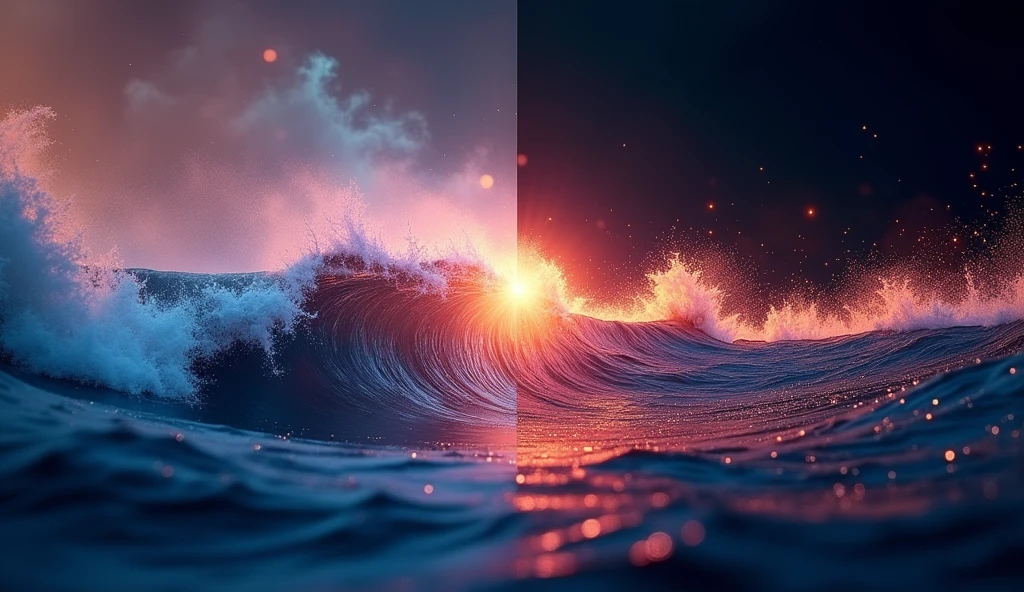 A captivating image of a wave-particle duality concept. Half the image shows a vibrant, colorful wave pattern, symbolizing light as a wave. The other half depicts a stream of photons, representing light as particles. Both elements should intertwine seamlessly, creating a dynamic and visually striking composition. Use a dark background to emphasize the contrasting elements. Incorporate a subtle, glowing light source to add depth and intrigue. The overall aesthetic should be modern, minimalist, and thought-provoking.